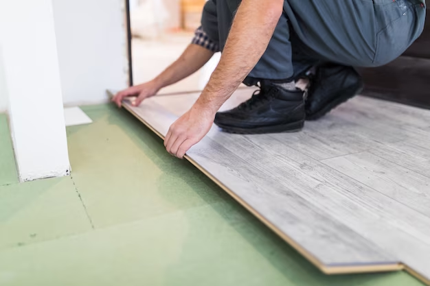 A man installing a staggering vinyl plank flooring