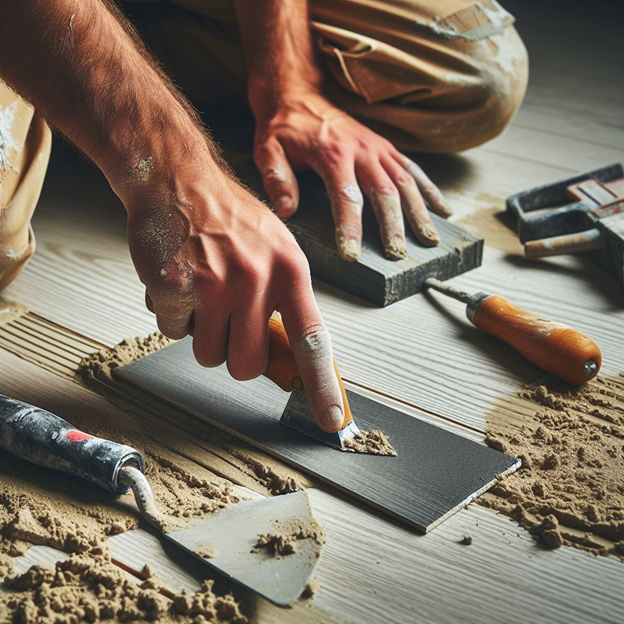 A man installing glue down floor using adhesive and tools.